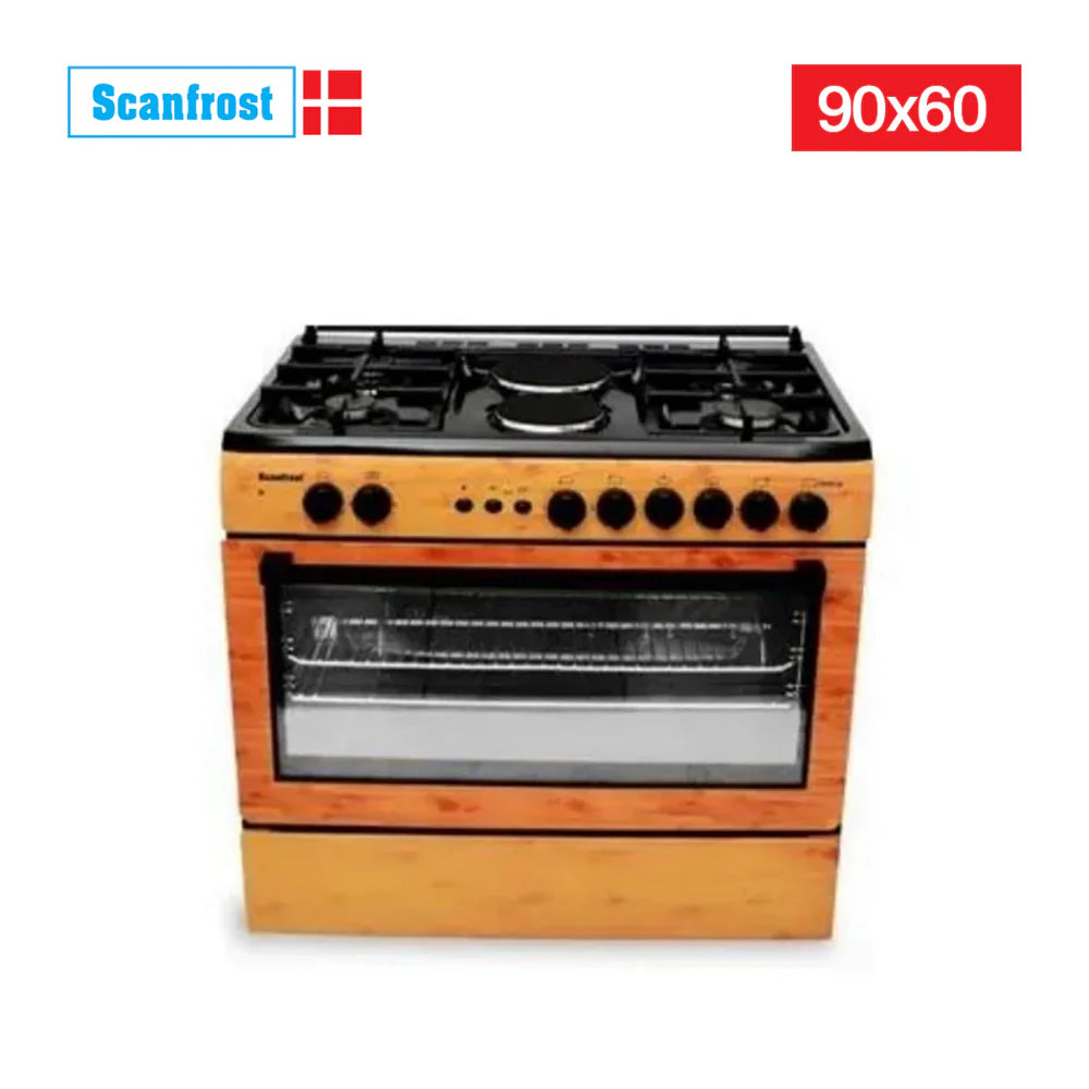 Scanfrost SFC9425NGF Standing Cooker , 2 Electric Hotplates and Gas Oven – Wood Finish