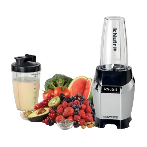 Kenwood blender with a smoothie, fruits, and vegetables on a white background
