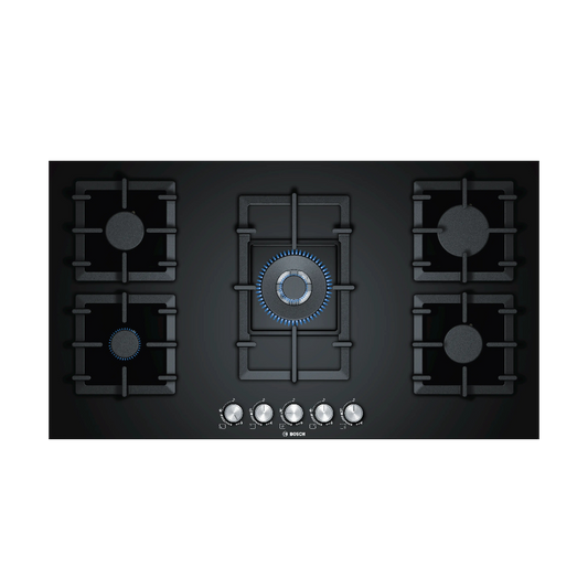 Bosch PPQ9B6O90M Series 6 Built-In 90 cm Gas Hob – Black Tempered Glass