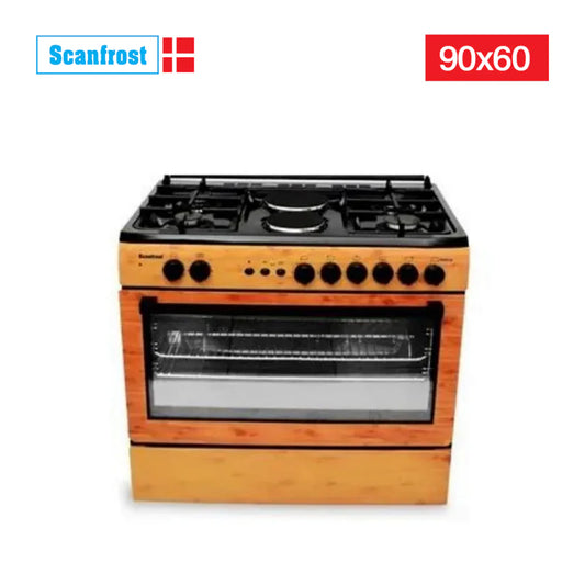 Scanfrost SFC9425NGF Standing Cooker , 2 Electric Hotplates and Gas Oven – Wood Finish