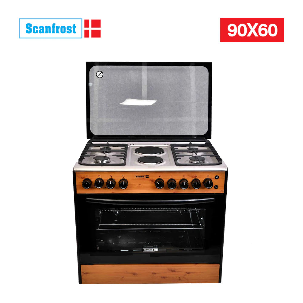 Scanfrost SFC9426NEF 90x60cm Standing Cooker with 4 Gas Burners, 2 Hotplates and Gas Oven – Wood Finish
