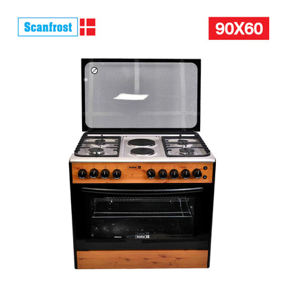 Scanfrost SFC9426NEF 90x60cm Standing Cooker with 4 Gas Burners, 2 Hotplates and Gas Oven – Wood Finish