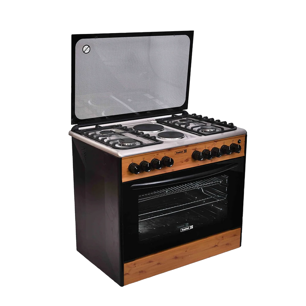 Scanfrost SFC9426NEF 90x60cm Standing Cooker with 4 Gas Burners, 2 Hotplates and Gas Oven – Wood Finish