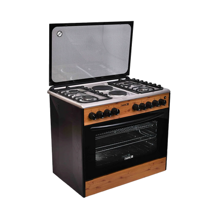Scanfrost SFC9426NEF 90x60cm Standing Cooker with 4 Gas Burners, 2 Hotplates and Gas Oven – Wood Finish