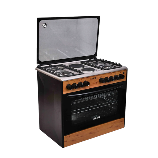 Scanfrost SFC9426NEF 90x60cm Standing Cooker with 4 Gas Burners, 2 Hotplates and Gas Oven – Wood Finish