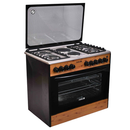 Scanfrost SFC9425NGF Standing Cooker , 2 Electric Hotplates and Gas Oven – Wood Finish